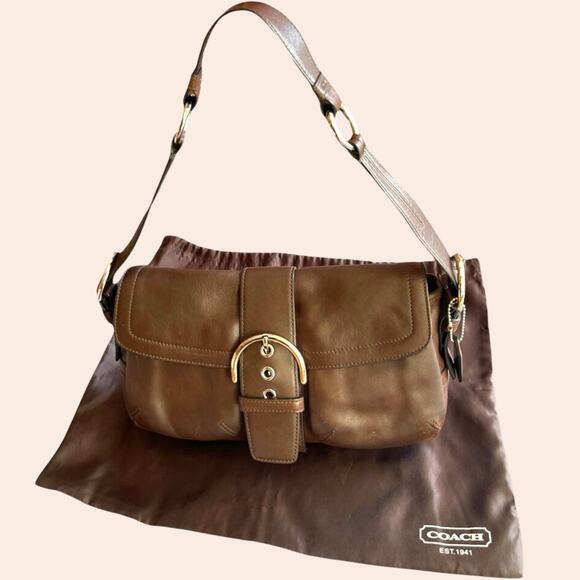 COACH 3653 Soho Double Pocket Buckle Flap Brown Leather Shoulder Bag Y2K 2005 - Picture 1 of 14